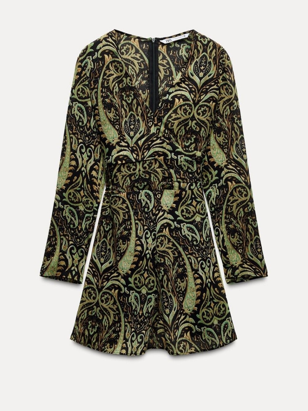 ZARA Print A-Line Long-Sleeve V-Neck Mini Dress - Green - Picture 3 of 6